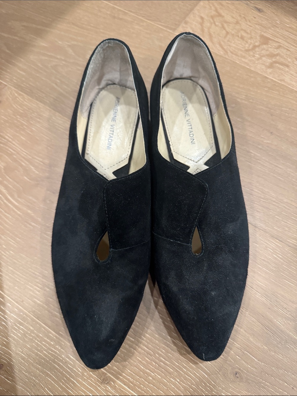 Adrienne Vittadini Black Suede Pointed Slip-On Loafers with Keyhole